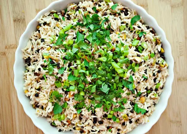 mediterranean rice salad in a bowl