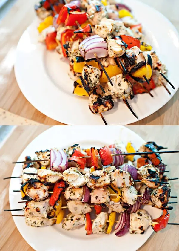 collage grilled chicken skewers on a plate