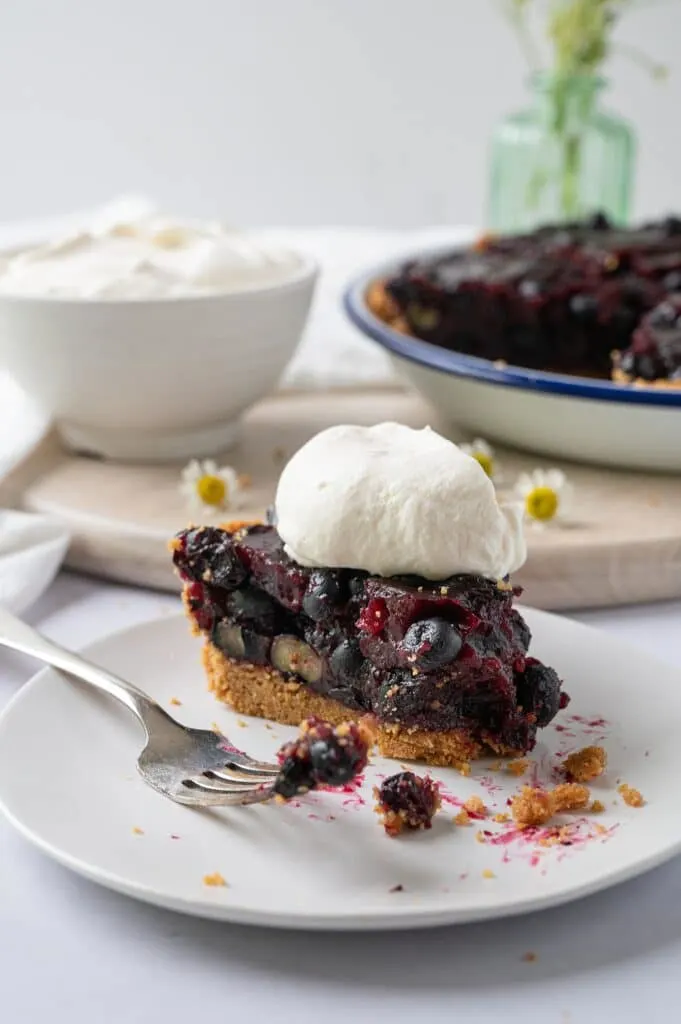 a forkful of blueberry pie on a plate with a slice of pie in the background