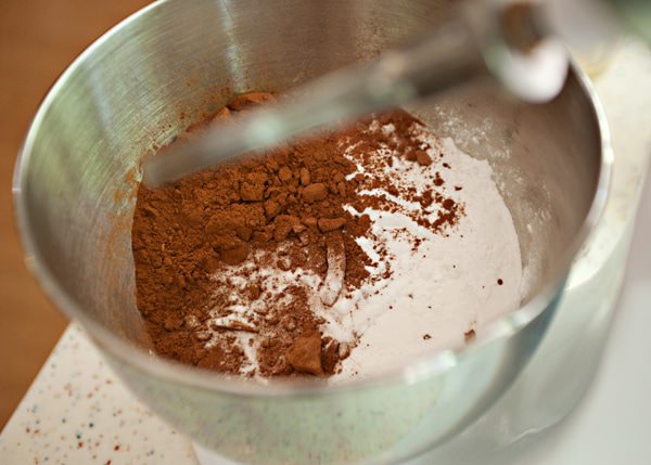 flour and cocoa in a mixing bowl