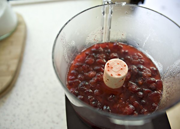cranberries in a mixer for bobbie's berries