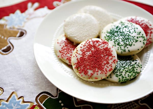 plate of sugar cookies with sugar cookie glazw