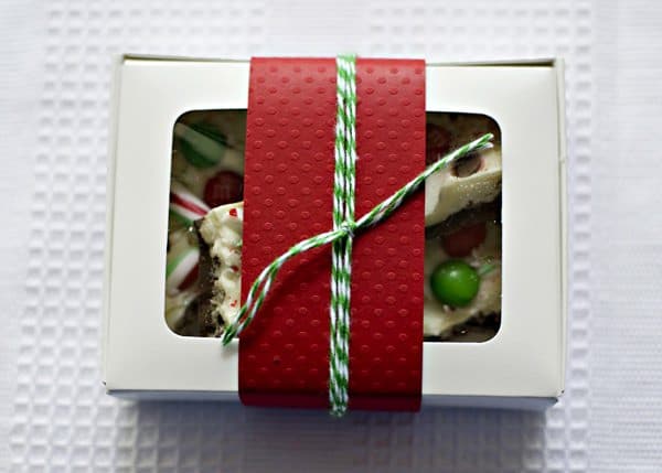 gift wrapped christmas chocolate bark