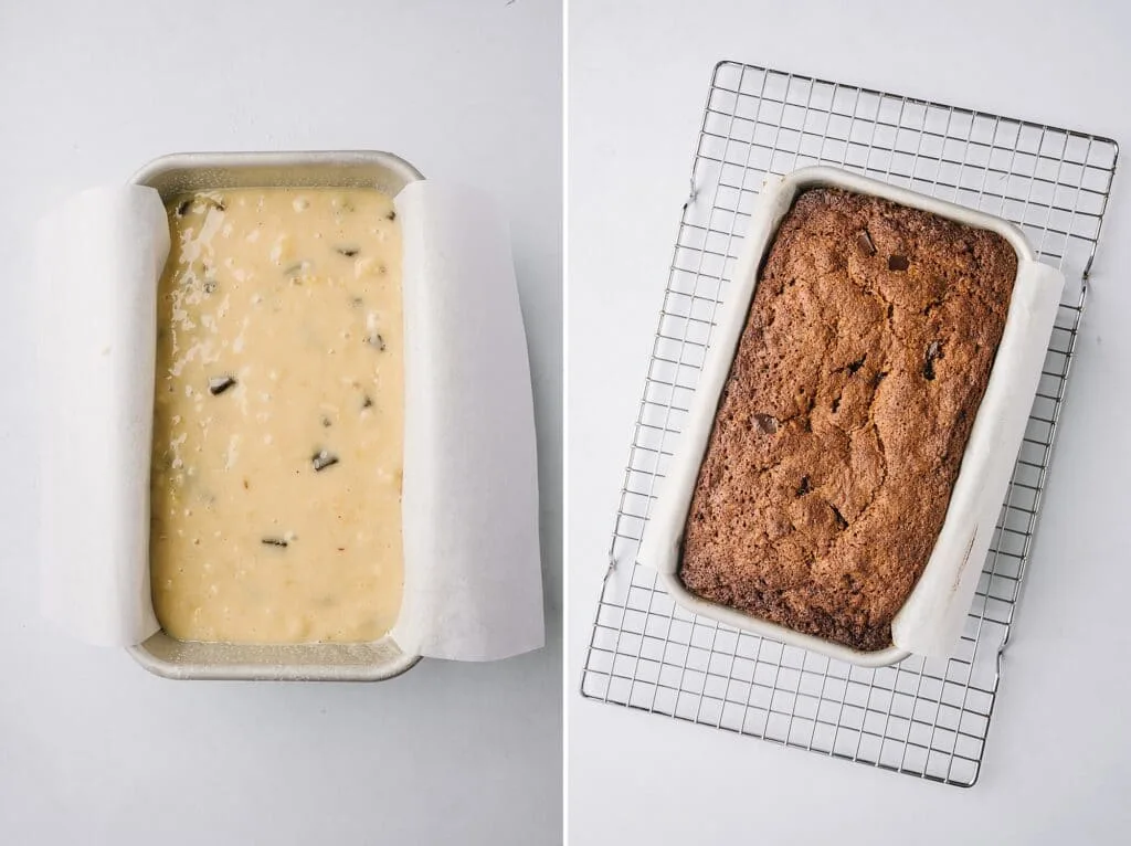collage of before and after best banana bread ever in a pan