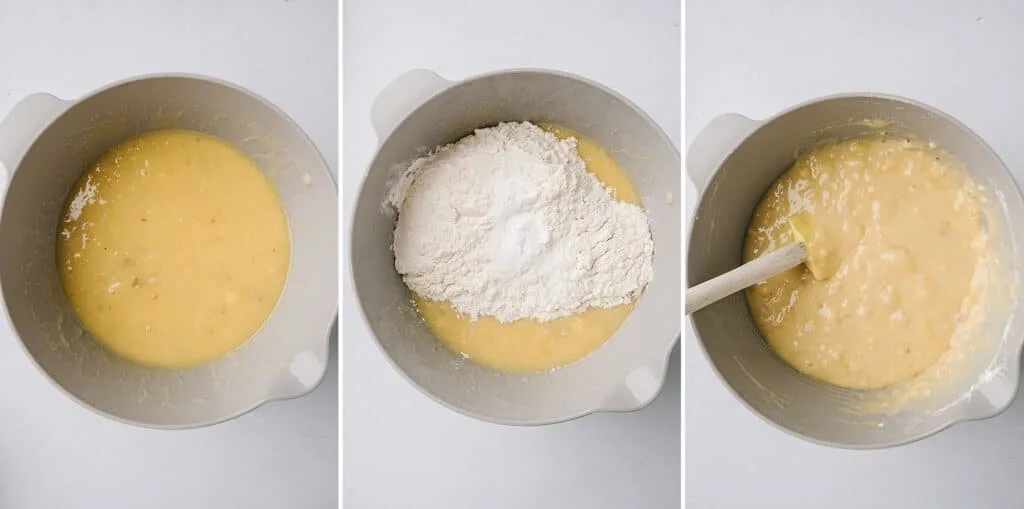 collage of mixing bowls with best banana bread ever ingredients