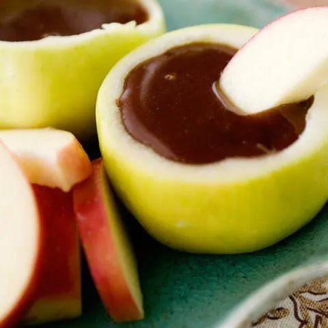 salted spiced caramel sauce in an apple for dipping