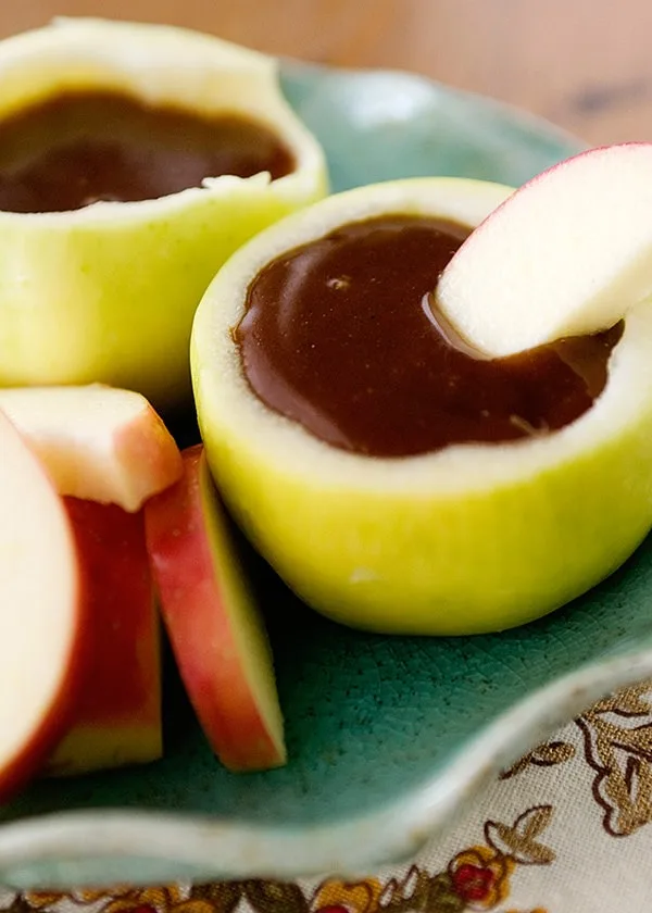 salted spiced caramel sauce in an apple for dipping