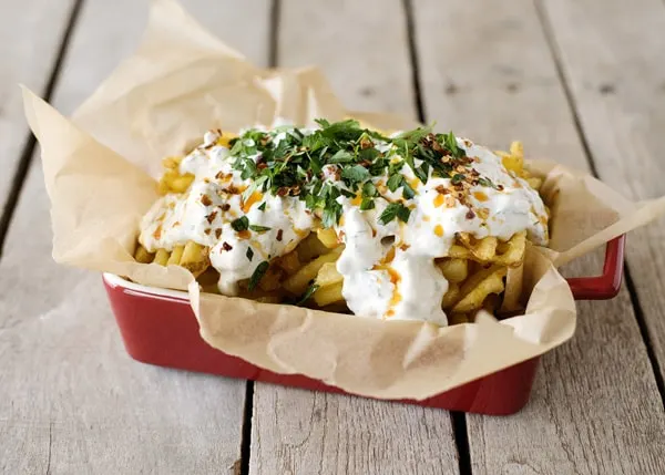waffle fries with homemade blue cheese ranch, chili oil, parsley, and chili flakes