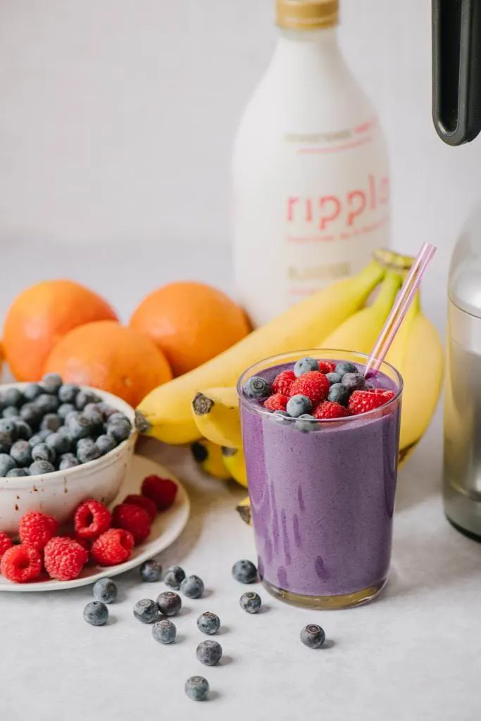 non-dairy make ahead berry smoothies next to fruit