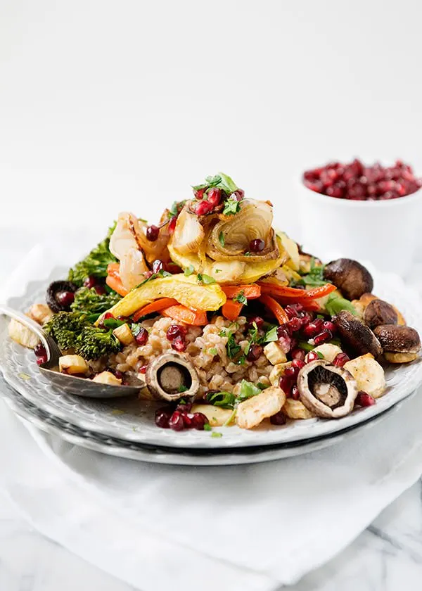 roasted vegetable and farro salad with pomegranates