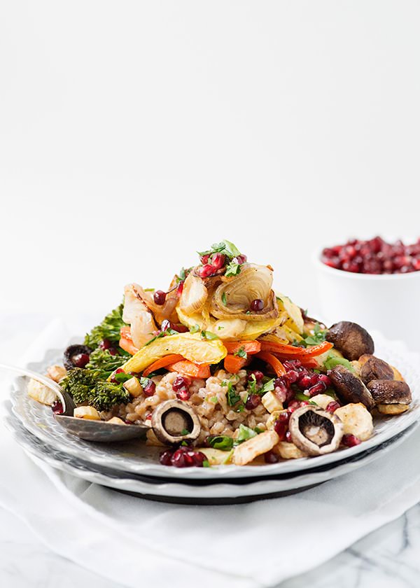 roasted vegetable and farro salad with pomegranates