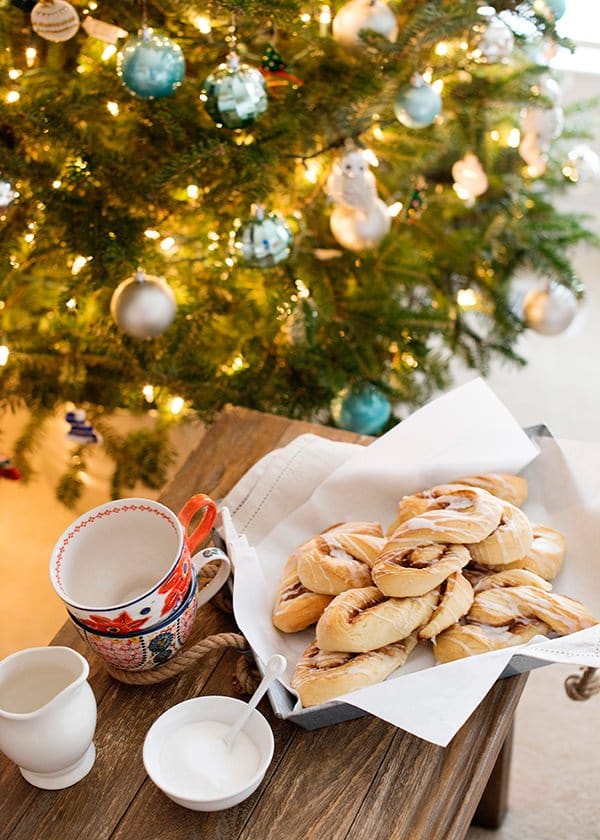 bread machine cinnamon twists by the Christmas tree