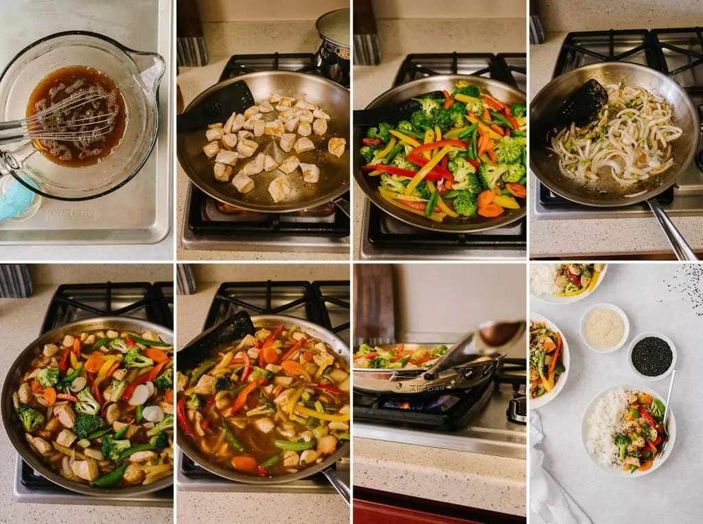 process shots for making healthier orange chicken and vegetables