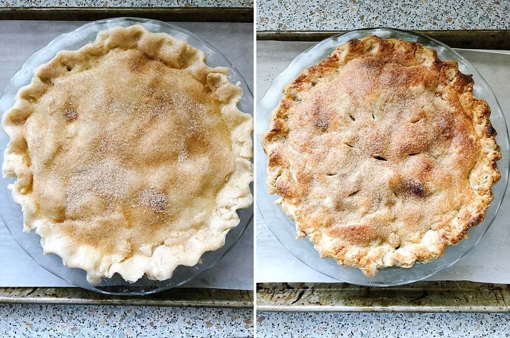 collage of Anna Olson Apple Pie before and after