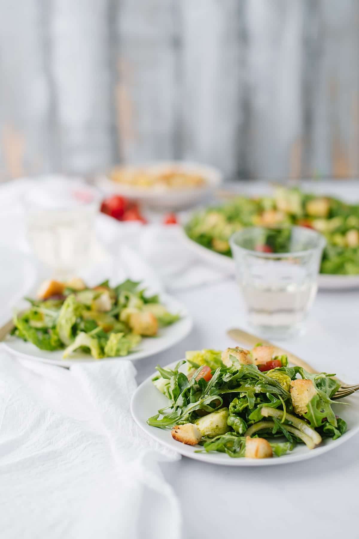 Arugula Caprese Salad with Lemon Basil Dressing and Homemade Croutons