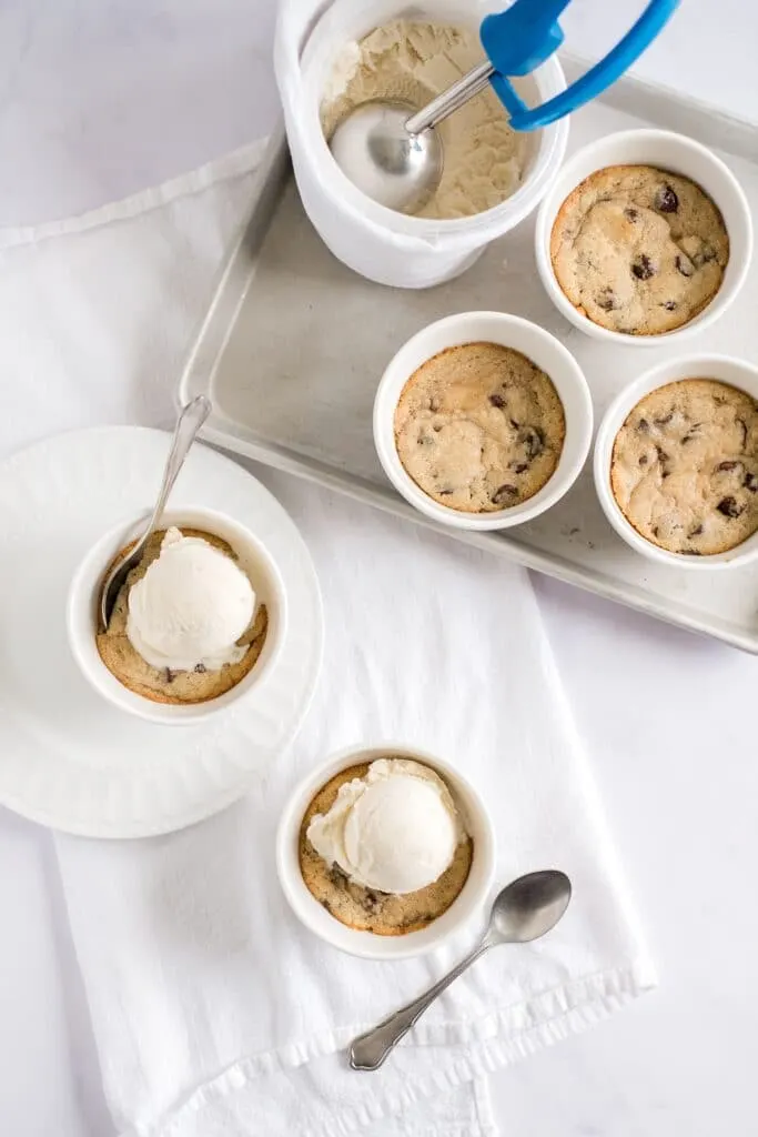 chocolate chip cookie pots topped with ice cream