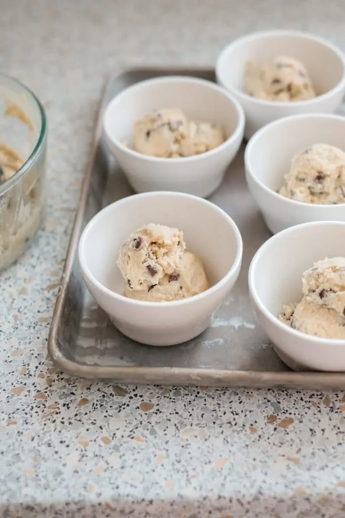 scoops of chocolate chip cookie dough in bowls