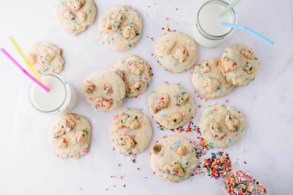 Funfetti Crumble Cookies on a baking sheet