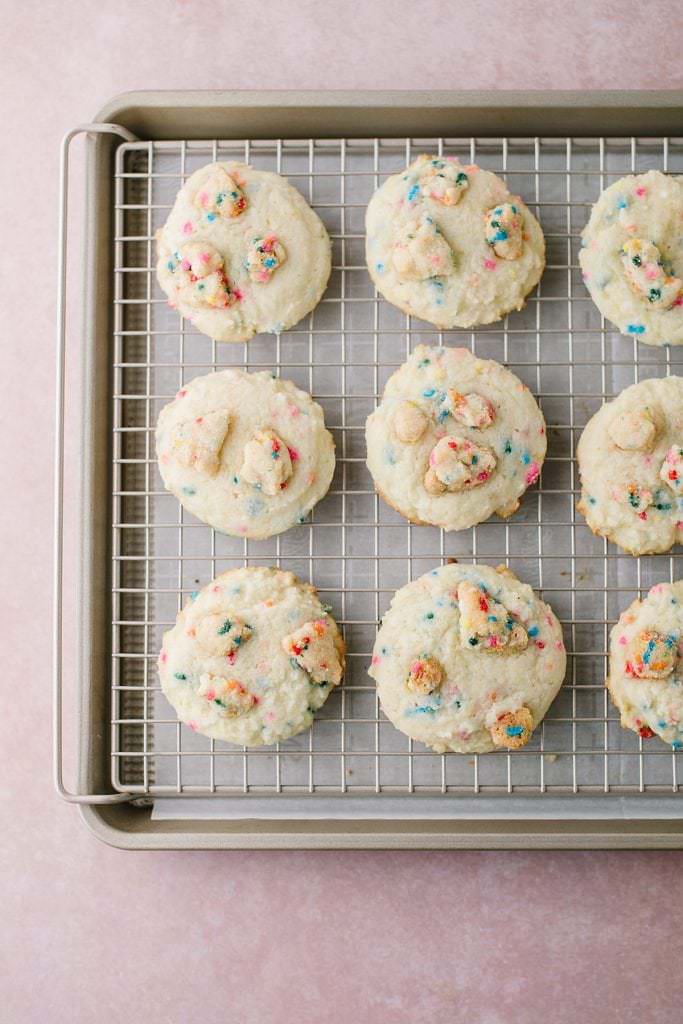 Funfetti Crumble Cookies on a baking rack