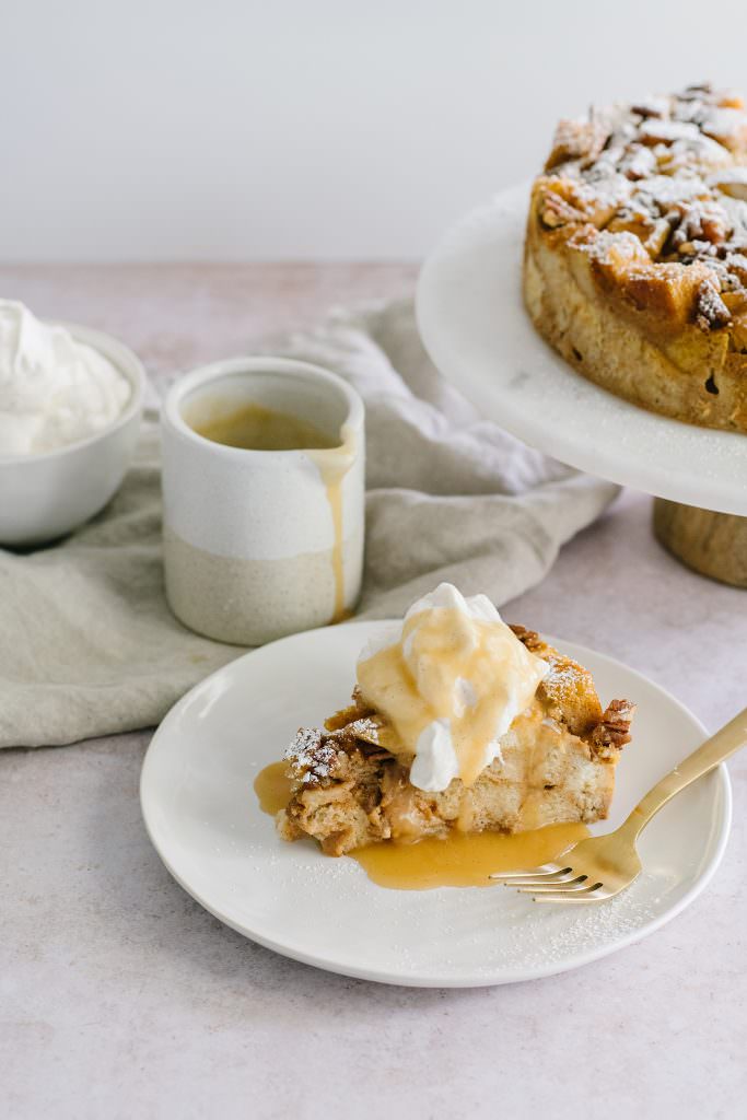 Pumpkin Bread Pudding with Whipped Cream and Salted Caramel