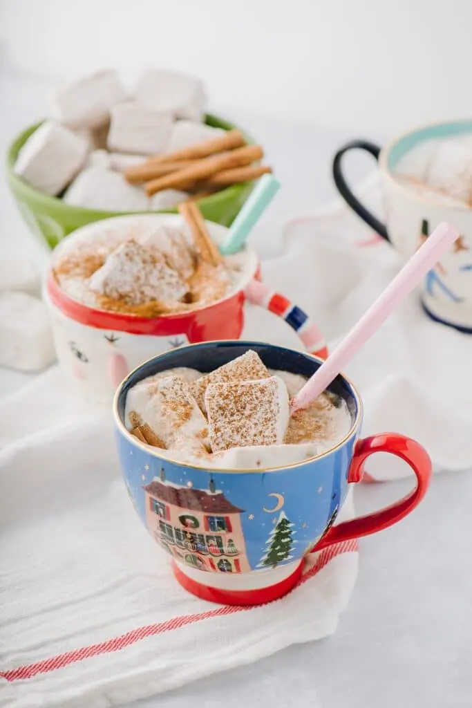mugs of hot chocolate with cinnamon vanilla bean marshmallows