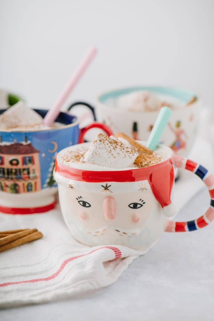 cinnamon vanilla bean marshmallows in a mug of hot chocolate