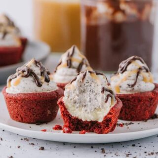 Red Velvet Cheesecake Cups on a plate