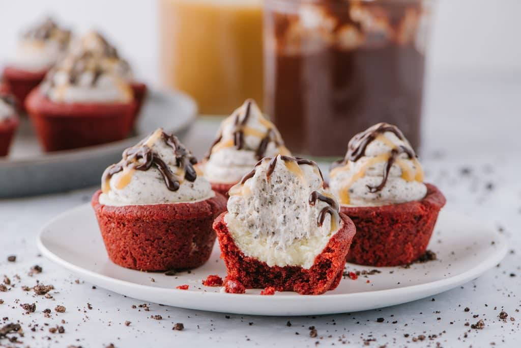 Red Velvet Cheesecake Cups on a plate