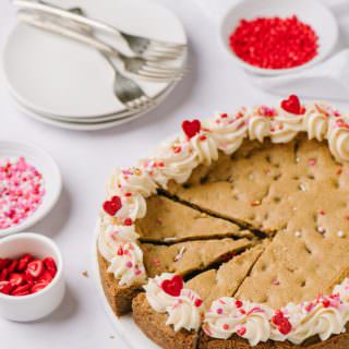 chocolate chip cookie cake decorated for Valentine's Day