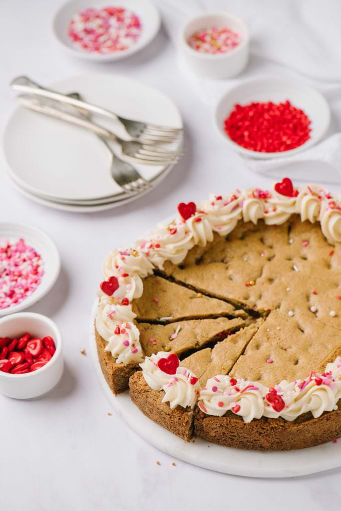 chocolate chip cookie cake decorated for Valentine's Day
