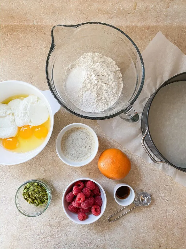 ingredients for raspberry orange pistachio ricotta cake