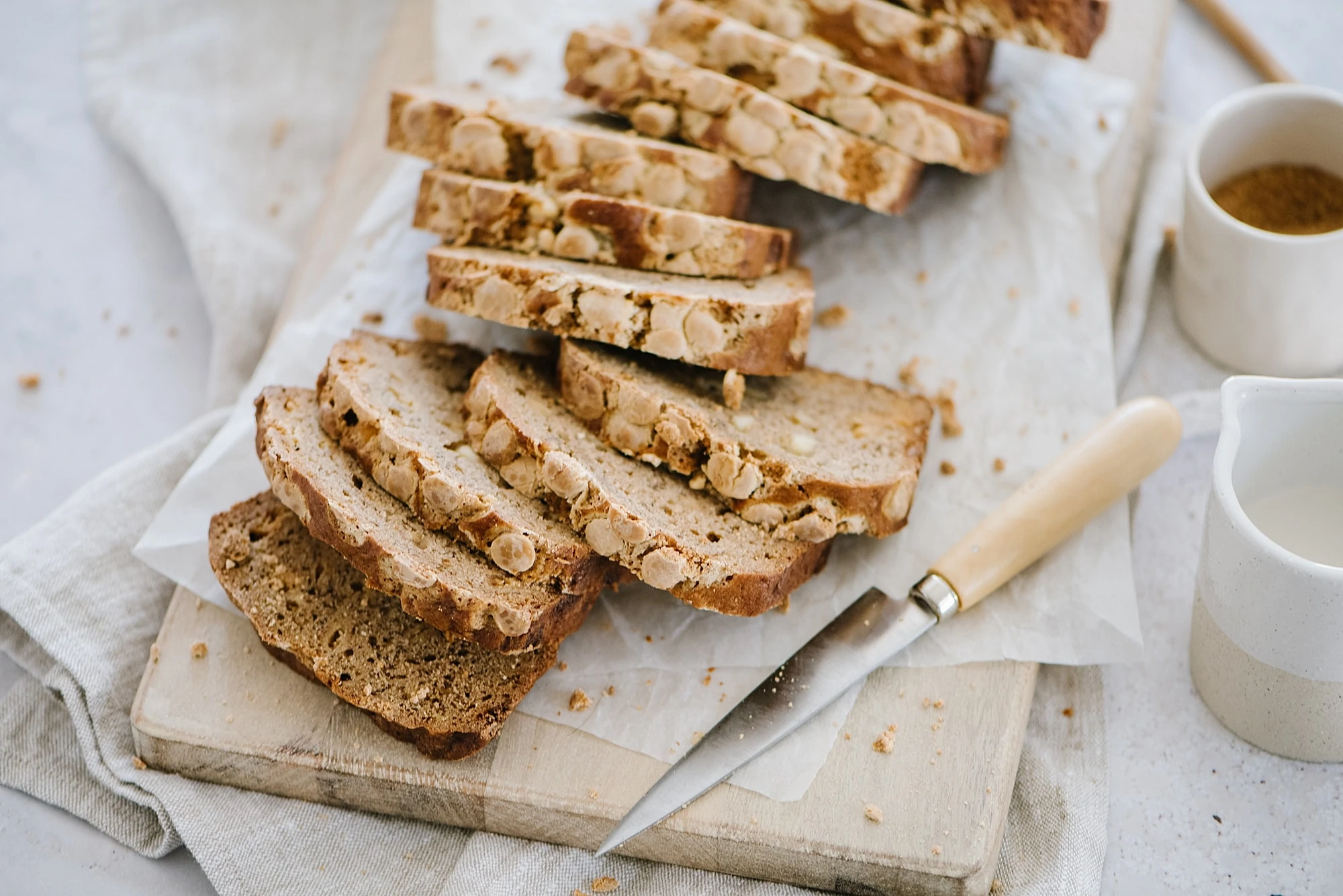 caramelized white chocolate banana bread slices with coffee