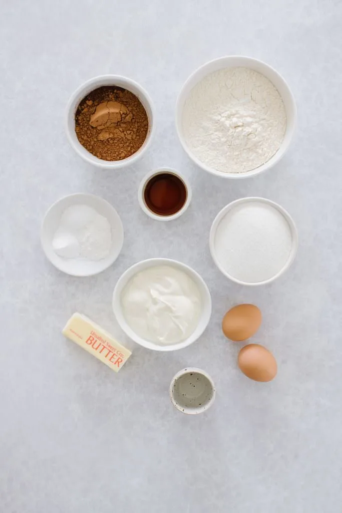 bowls of cocoa powder, yogurt, sugar, vanilla, eggs, butter, salt, flour