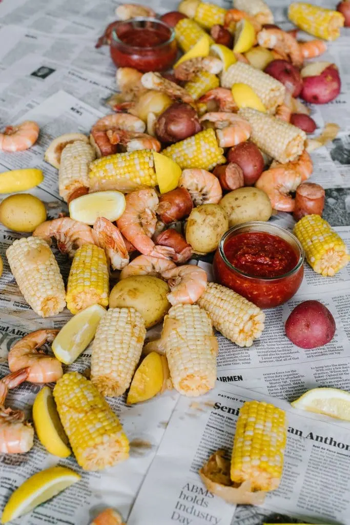 lowcountry boil recipe spread out on newspaper