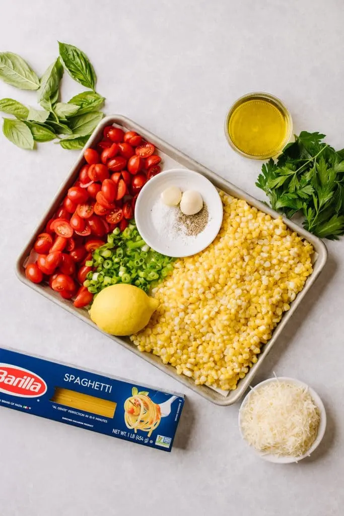 ingredients for pasta with sweet corn gremolata