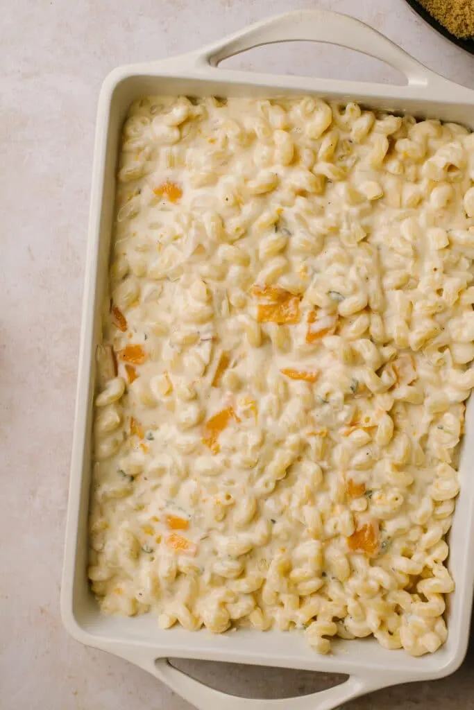 butternut squash mac and cheese in baking dish