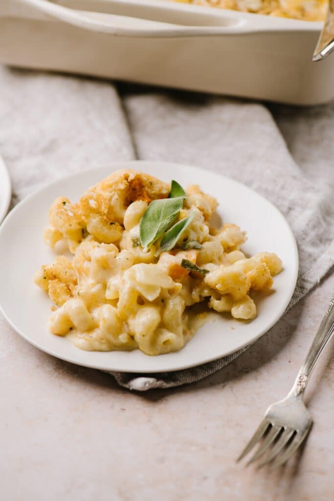 butternut macaroni and cheese on white plate garnished with sage