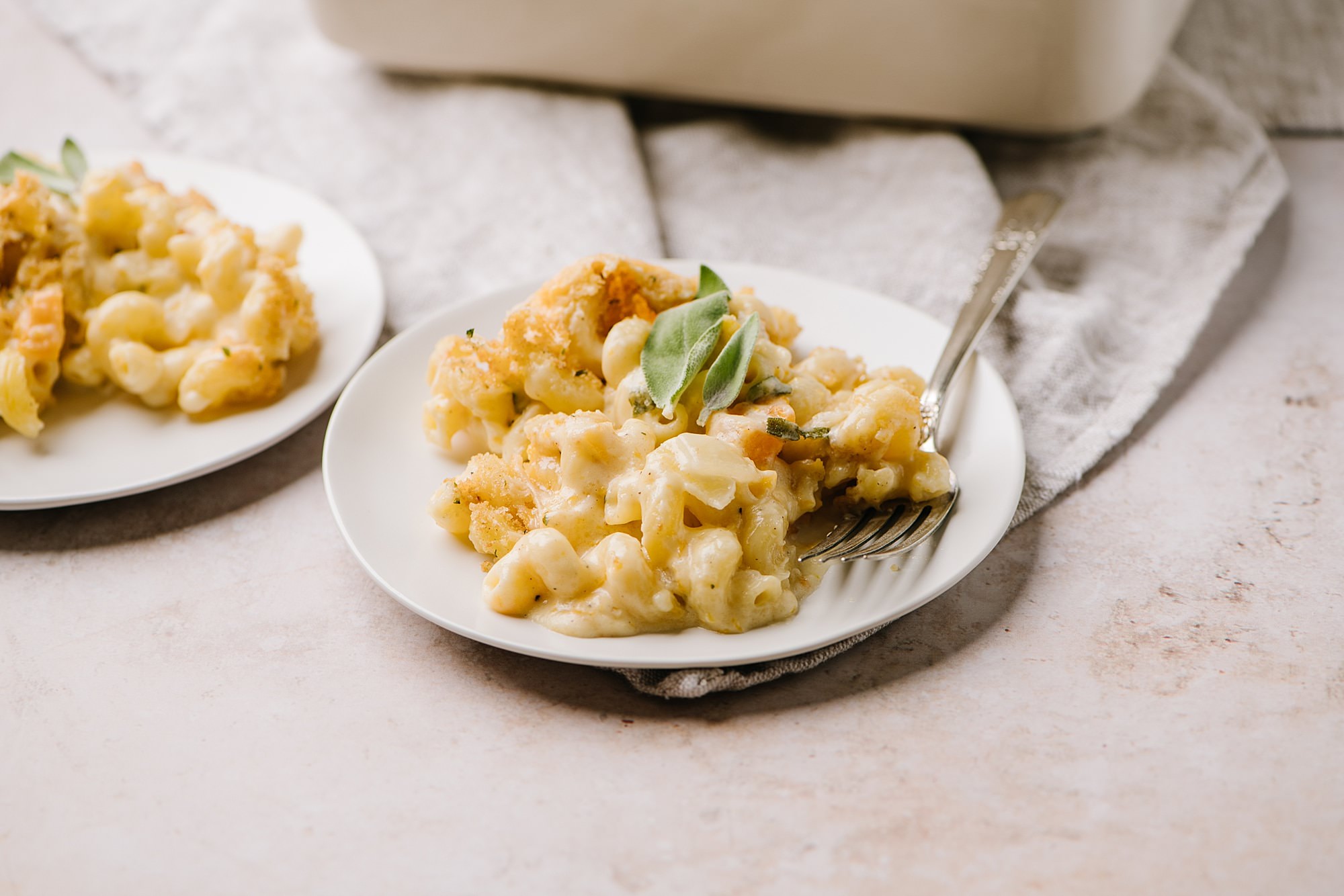 butternut macaroni and cheese on white plate garnished with sage