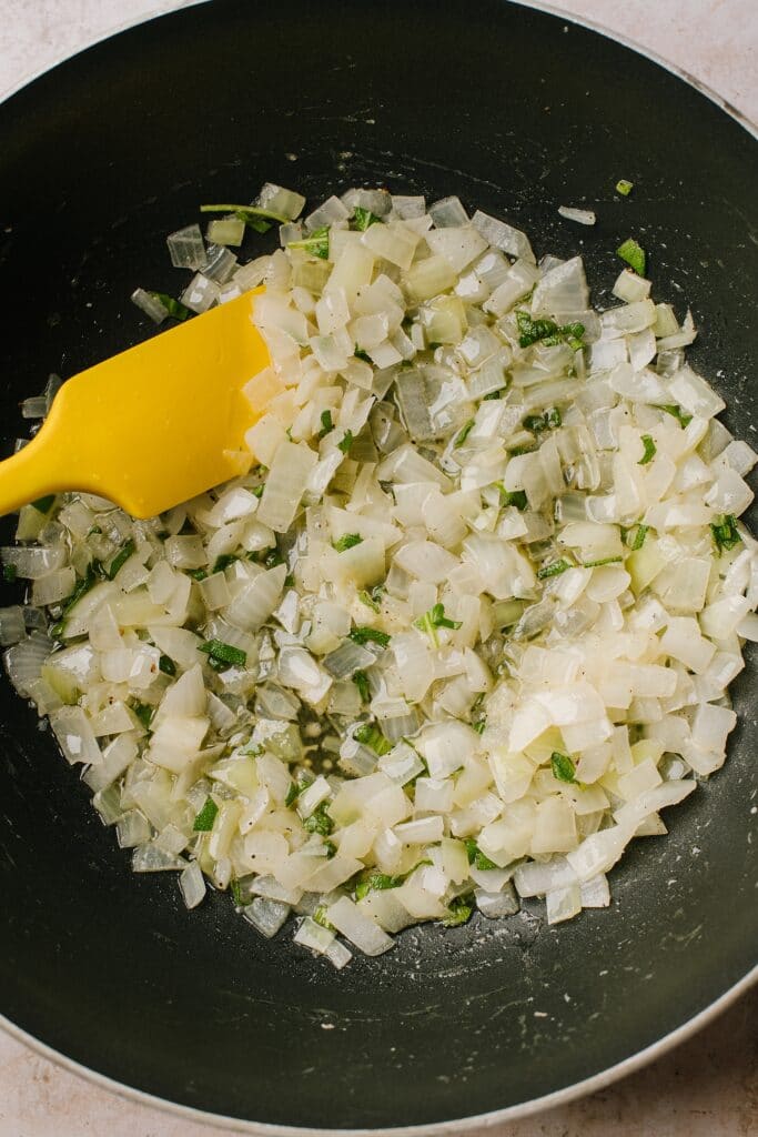 sauteed onions, garlic and sage in skillet