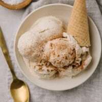 scoops of cinnamon ice cream sprinkled with cinnamon with cone and spoon on white plate
