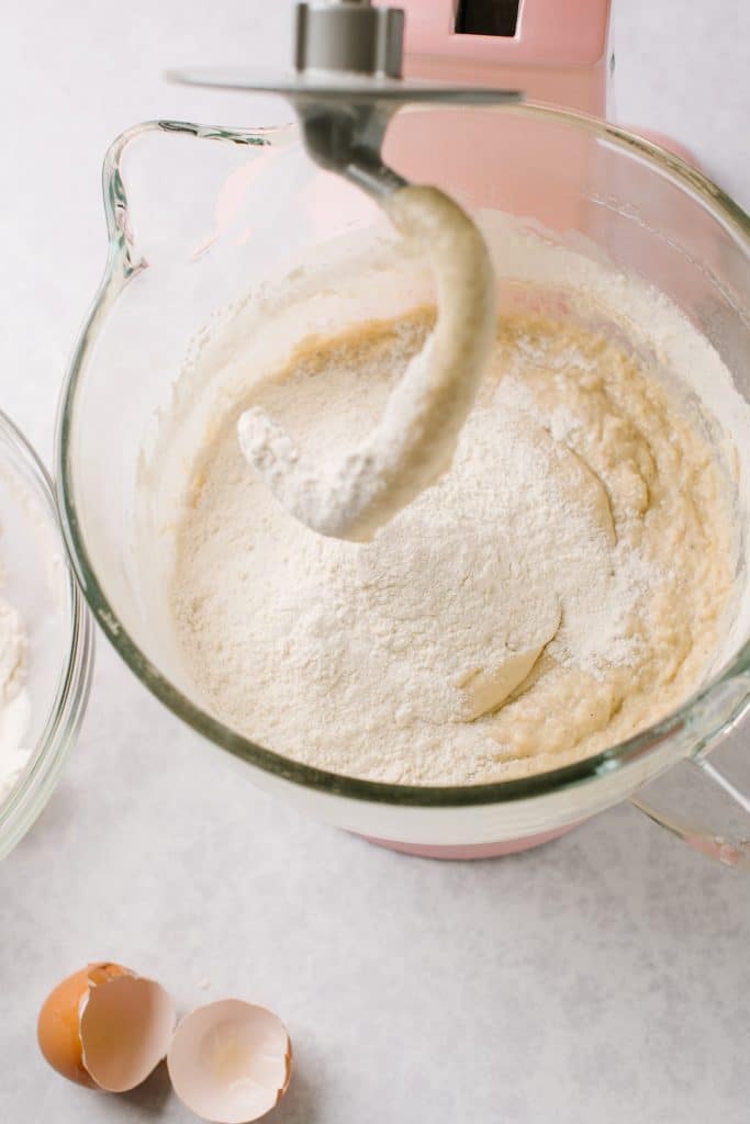 flour added to swedish bread dough in stand mixer