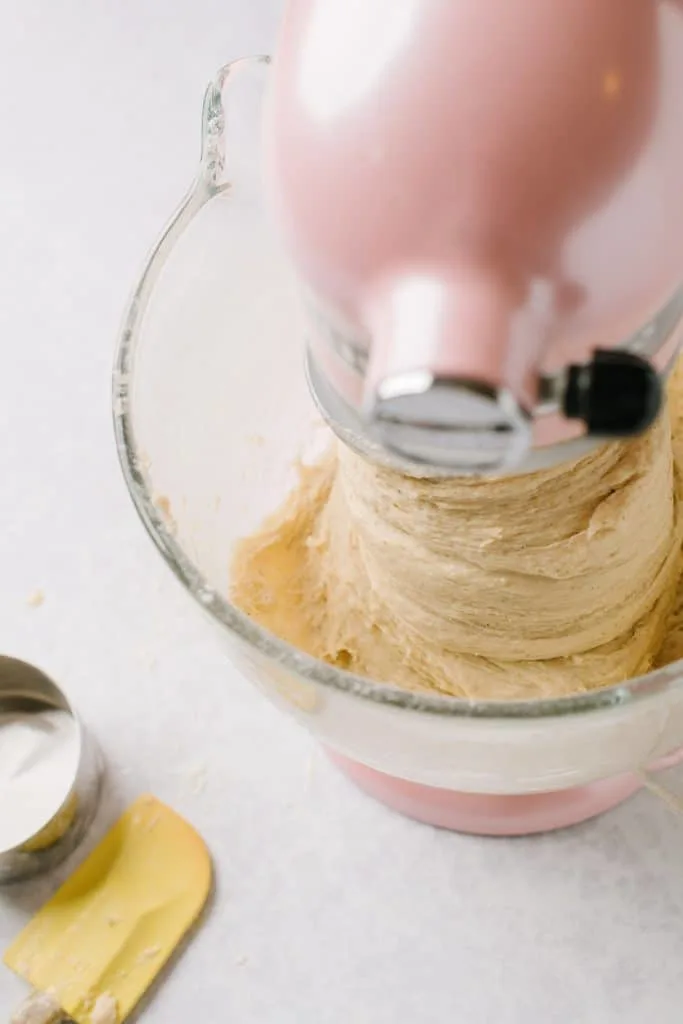 mixing cardamom bread dough in stand mixer