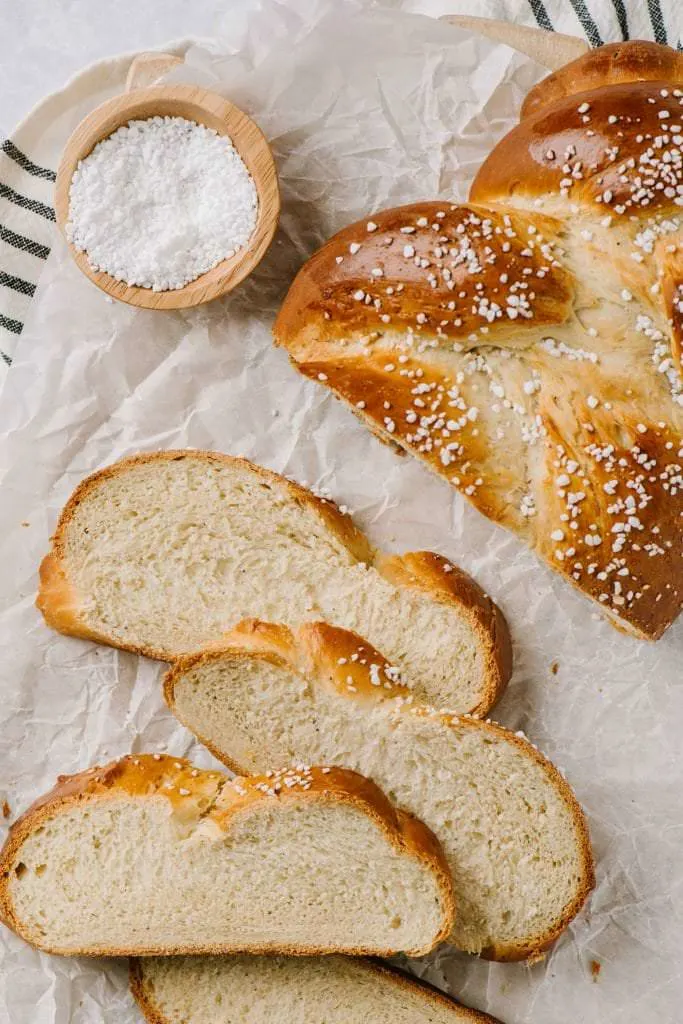 sliced finnish pulla with pearl sugar on the side