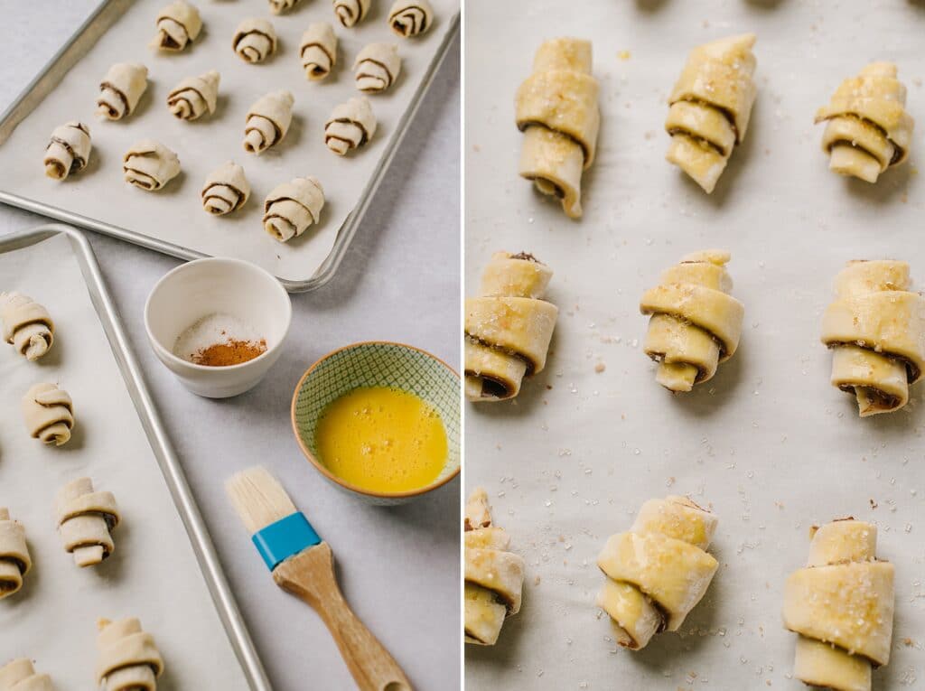This is two images side by side. One shows baking sheets with freshly rolled rugelachs and a bowl of egg wash. The picture on the right is of the chocolate cinnamon rugelachs right out of the oven.
