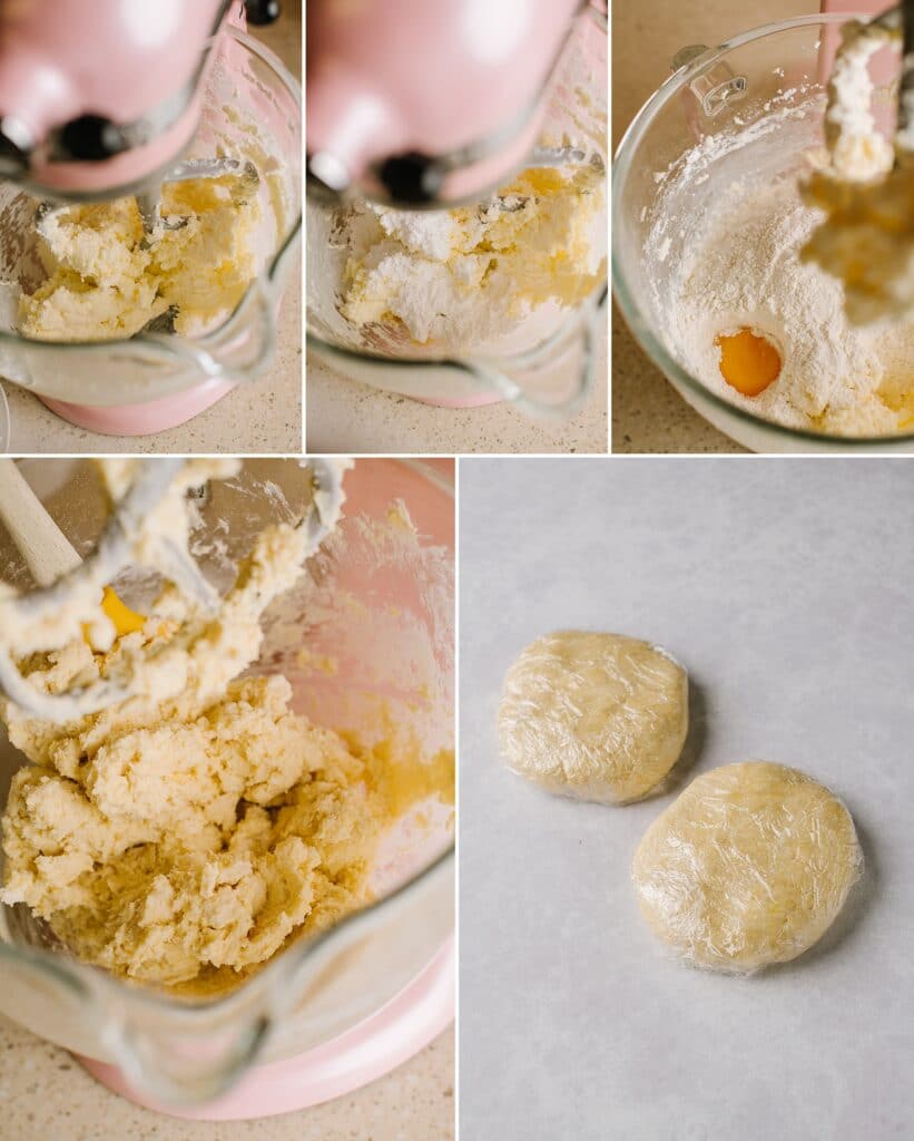 This collage shows the process for making the pastry dough, ending with them wrapped and ready to be chilled.