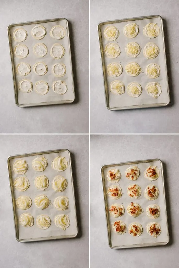 steps for making Mini Onion and Bacon Tarts on sheet pan
