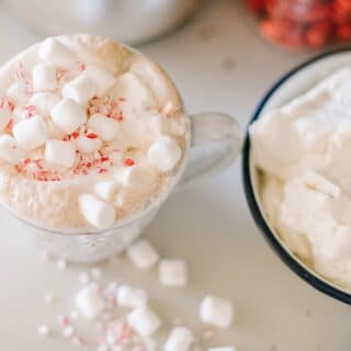 Steamed Hot Chocolate topped with marshmallows and peppermint candies