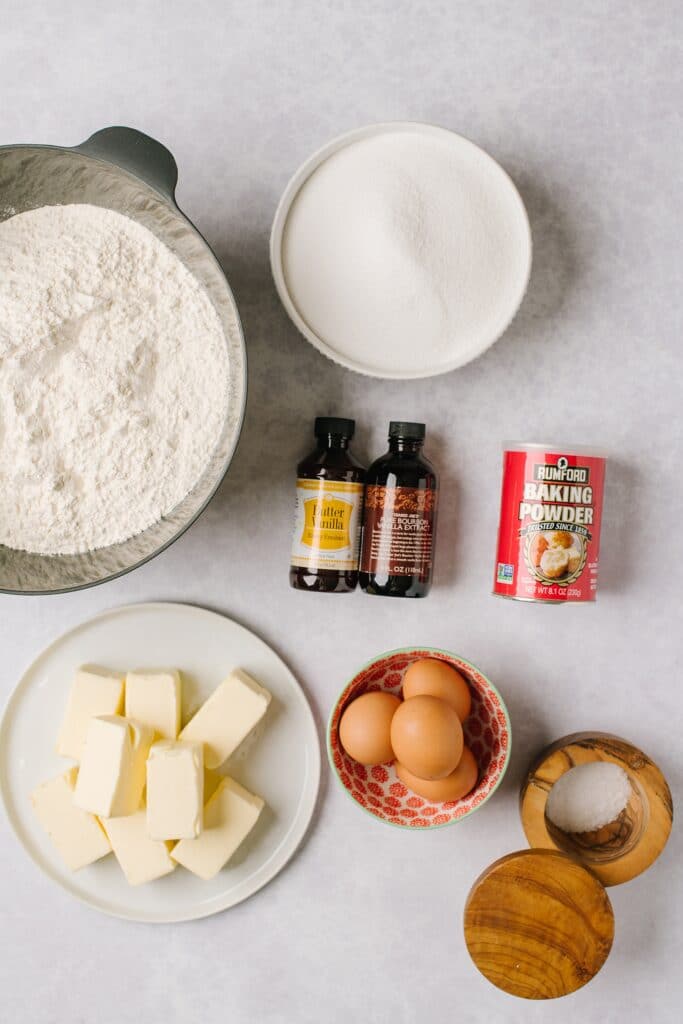 The ingredients for sugar cookie recipe, shot from above