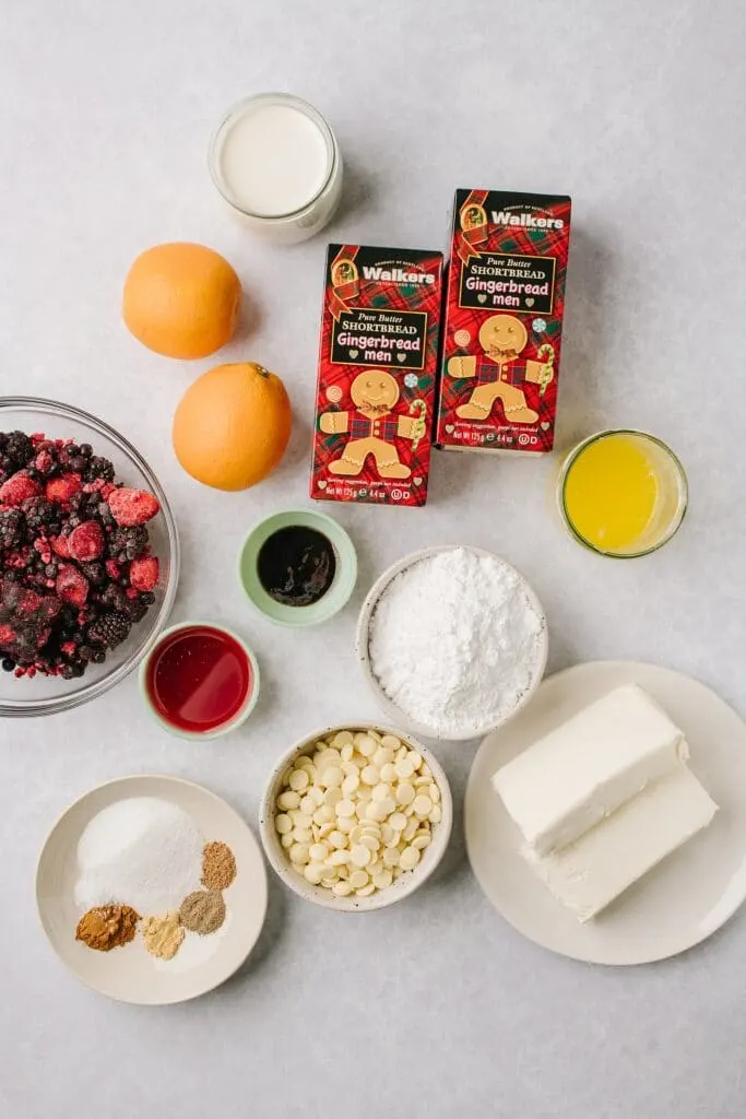The ingredients for these no-bake white chocolate cheesecakes, shot from above