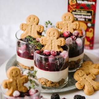 White Chocolate No Bake Cheesecakes, with a box of Walker's Shortbread Gingerbread Men